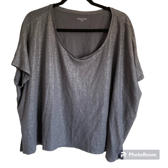Eileen Fisher Sz XL Silver Gray Metallic Linen Top Blouse Short Sleeve High Low - Picture 1 of 9